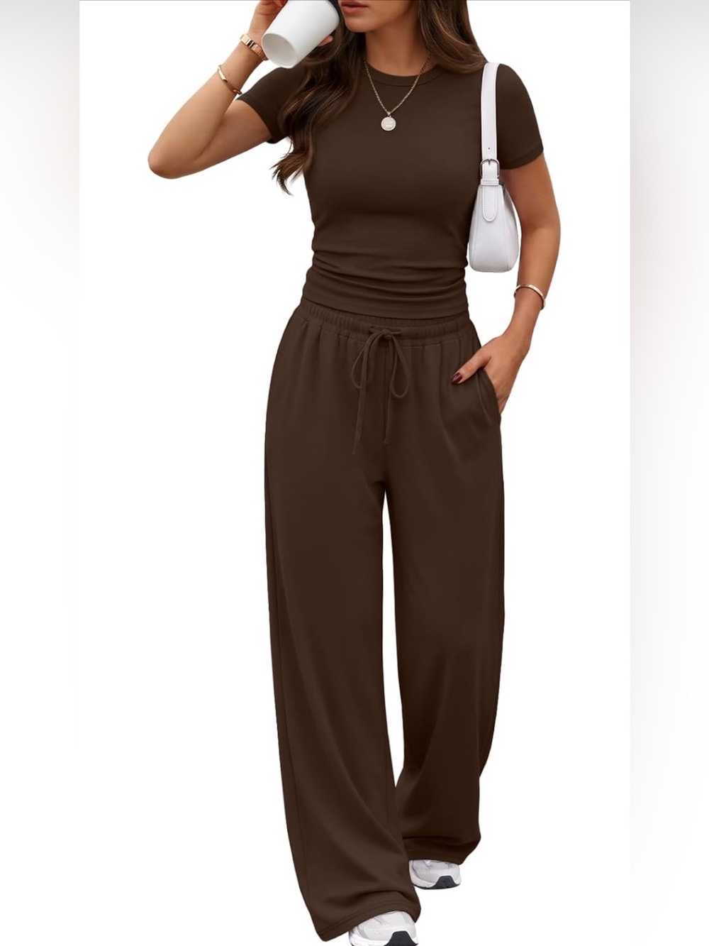 Brown Wide Leg Lounge Pants Coffee Drawstring Pocket Soft Casual xs